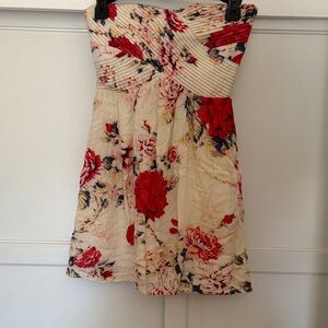 Kimchi Blue Strapless Dress with Red and Cream Floral Pattern